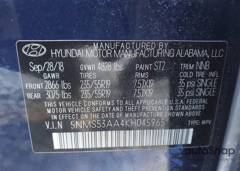 2019 Hyundai Santa Fe Ultimate 2.0T z USA, uszkodzony, nr VIN 5NMS53AA4KH045965